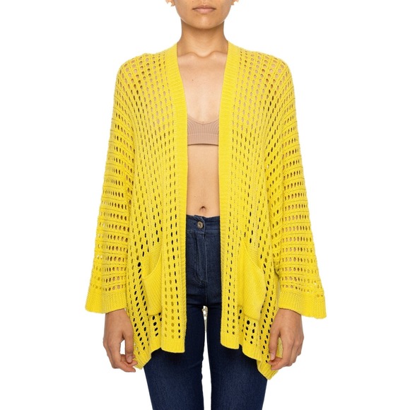 Women's Yellow Crochet Cardigan Size S Star Knit Soft Cozy Oversized Casual - Picture 1 of 2